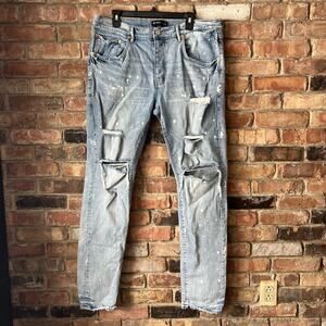 Purple Brand Size 38 Style P001 Slim Leg Button Fly Denim Paint Distressed Jeans